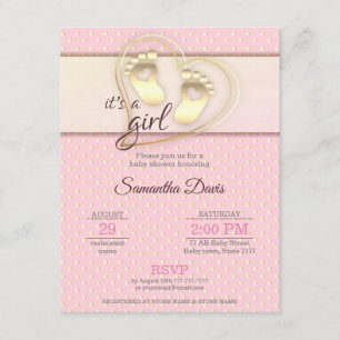 Invitation Baby shower Golden Baby Girl Footprints and Hearts