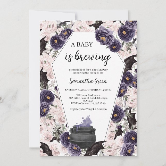 Invitation Baby shower gothique d'Halloween de fille violette (Devant)