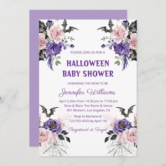 Invitation baby shower gothique fleuri d'halloween (Devant / Derrière)