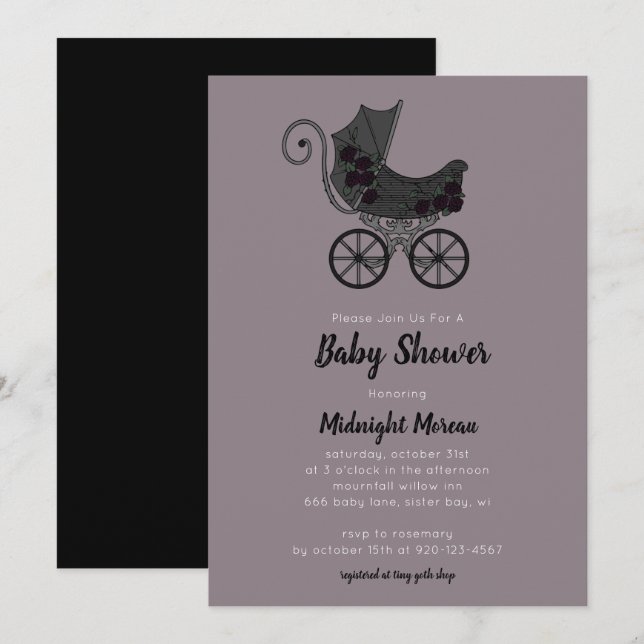 Invitation Baby shower gothique Floral Stroller (Devant / Derrière)