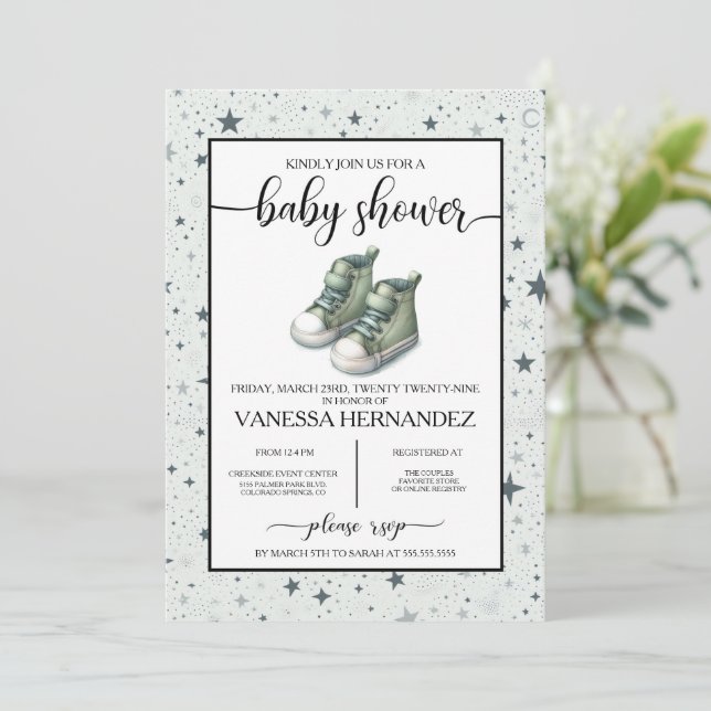Invitation Baby shower Green Baby High Tops (Debout devant)
