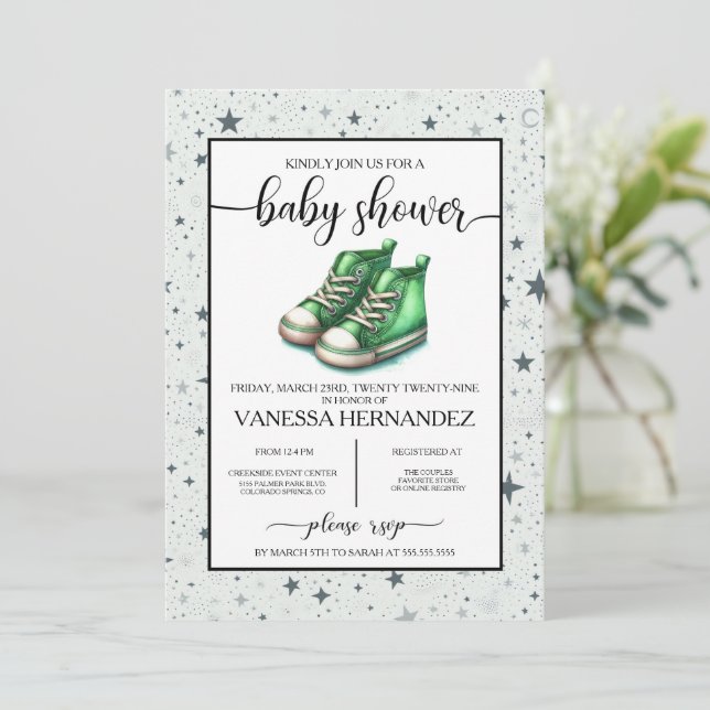 Invitation Baby shower Green Baby High Tops (Debout devant)