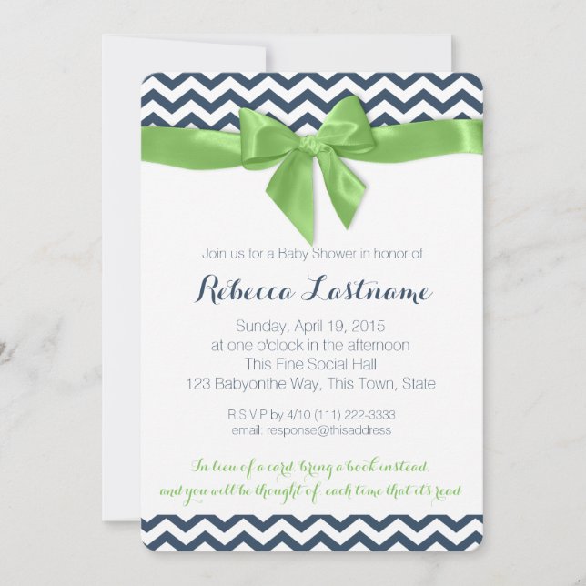 Invitation Baby shower Green Bow et Zigzag (Devant)