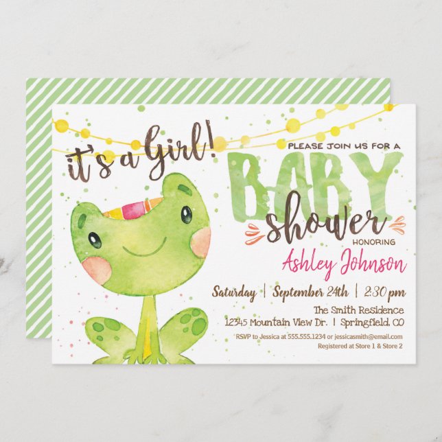 Invitation Baby shower grenouille, Fille (Devant / Derrière)