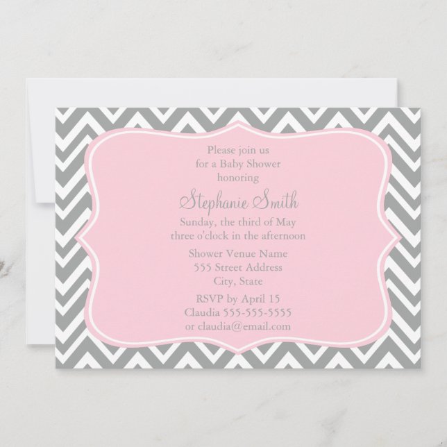 Invitation Baby shower gris, blanc et rose pastel Chevron (Devant)