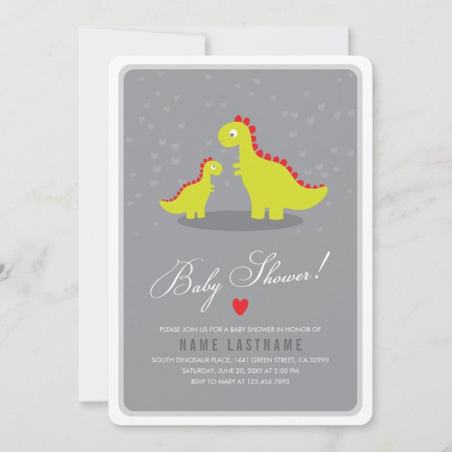 Invitation Baby shower gris Dinosaur élégant arron (Devant)