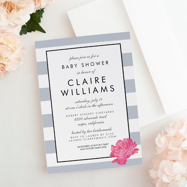 Invitation Baby shower Gris et pivoine rose (Créateur téléchargé)