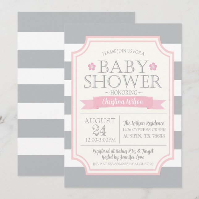Invitation Baby shower gris et rose (Devant / Derrière)