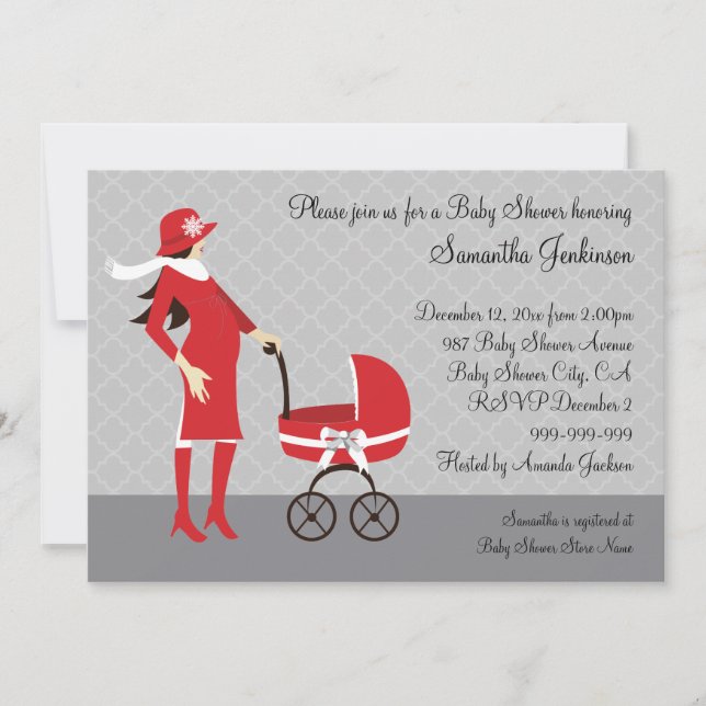 Invitation Baby shower gris et rouge d'hiver élégant (Devant)