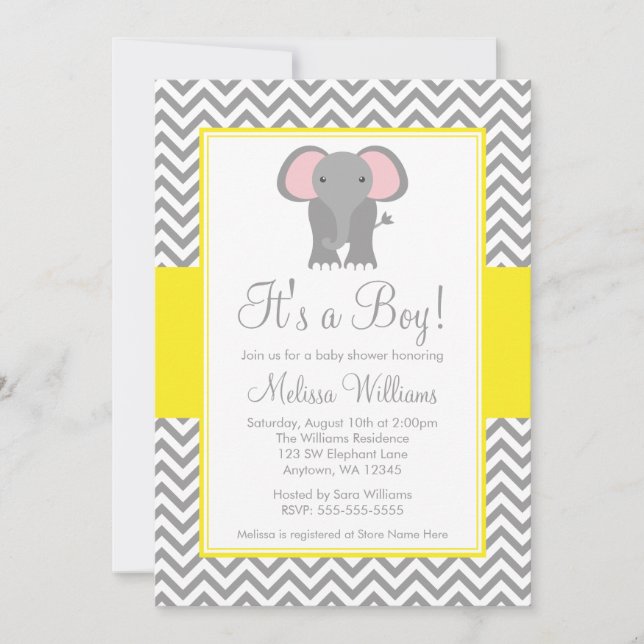Invitation Baby shower gris jaune de l'éléphant Chevron (Devant)