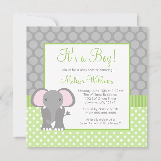 Invitation Baby shower gris vert de garçon de point de polka (Devant)