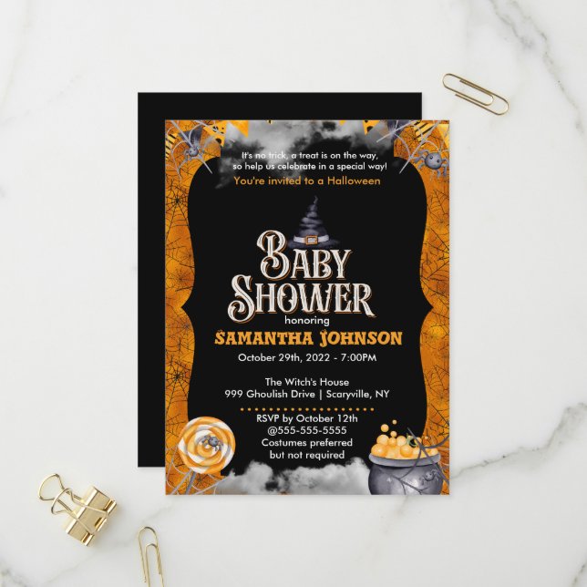 Invitation Baby shower Halloween (Devant/Arrière en situation)