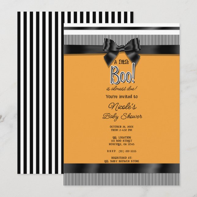 Invitation Baby Shower Halloween Orange Blanc Ruban Noir (Devant / Derrière)
