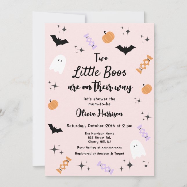 Invitation Baby shower Halloween Twins Pink Little Boo (Devant)