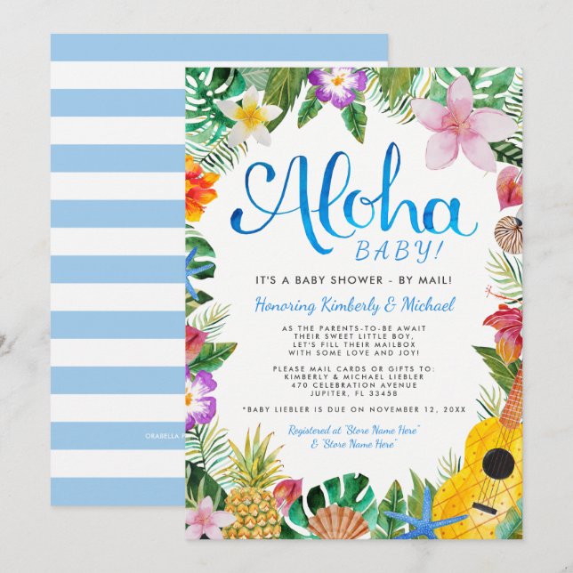 Invitation Baby shower Hawaï de Luau par courrier| Bleu (Devant / Derrière)