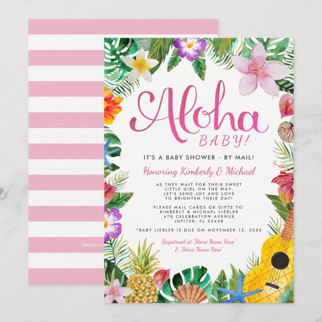 Invitation Baby shower Hawaï de Luau par courrier| Rose (Devant / Derrière)