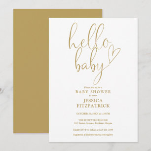 Invitation Baby Shower Hello Baby Gold Heart Scrip