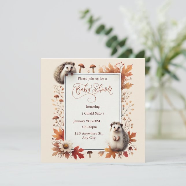 Invitation Baby shower Hérisson d'automne (Debout devant)
