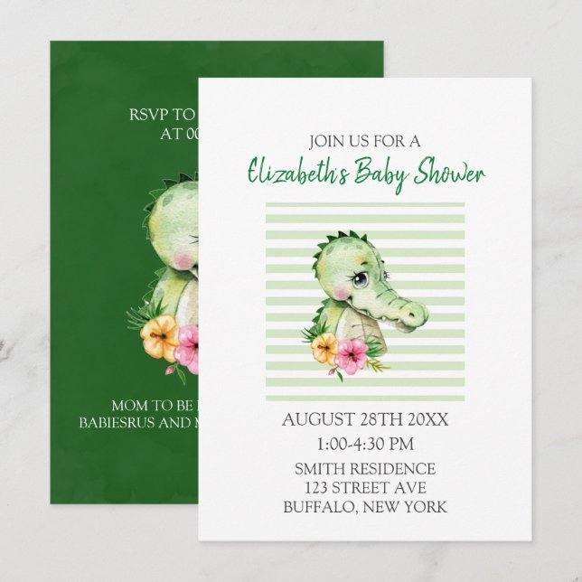 Invitation Baby shower Hibiscus d'aquarelle de l'alligator (Devant / Derrière)