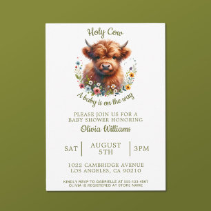 Invitation Baby shower Highland Cow Fleur sauvage d'aquarelle