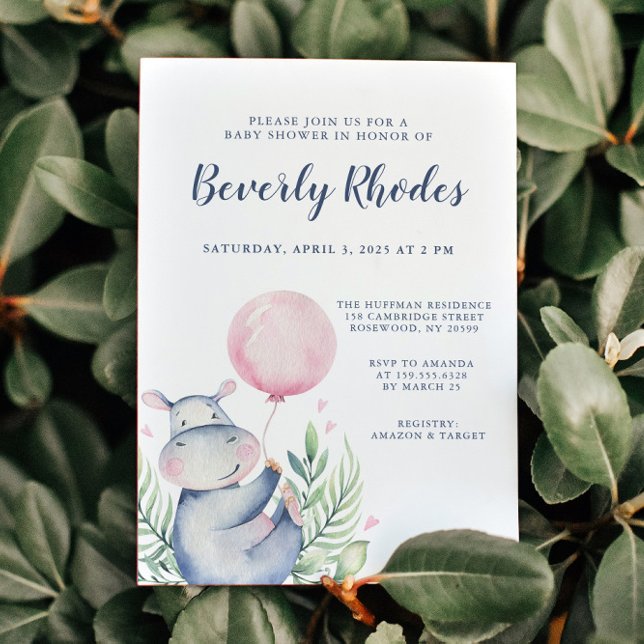 Invitation Baby shower Hippo aquarelle (Sweet Watercolor Hippo with Pink Balloon Baby Shower Invitation)