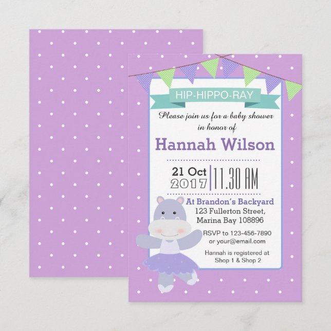 Invitation Baby shower Hippo Ballerina violet (Devant / Derrière)