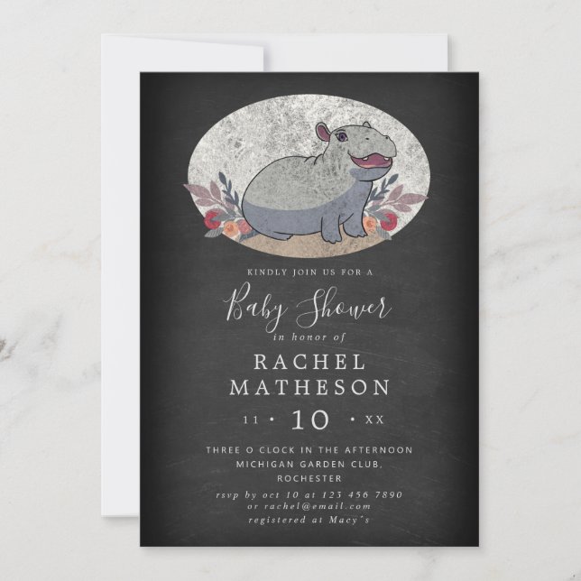 Invitation Baby shower hippo bébé en damier mignon (Devant)