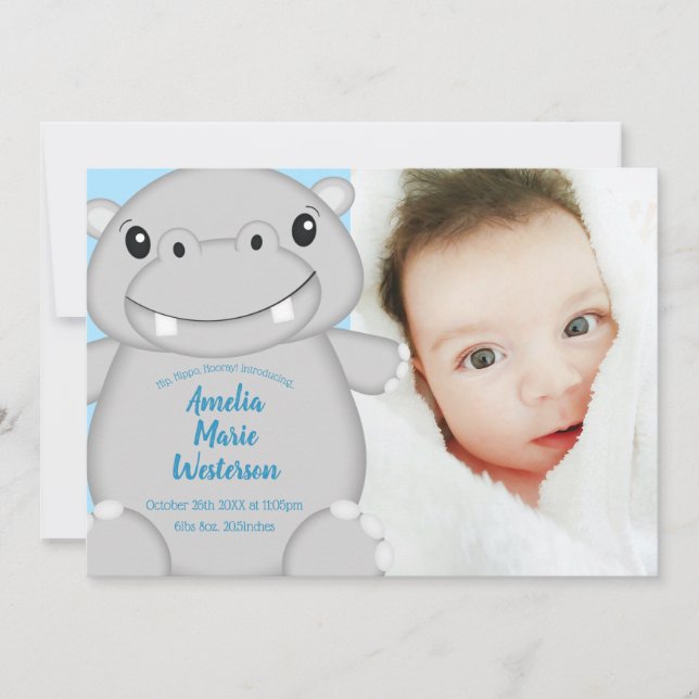 Invitation Baby shower Hippo bleu (Devant)