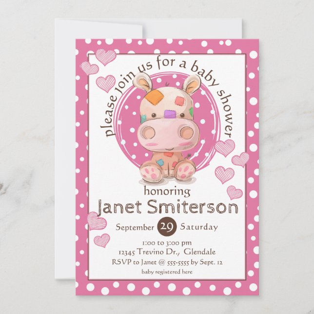 Invitation Baby shower Hippo en Patchwork, rose (Devant)