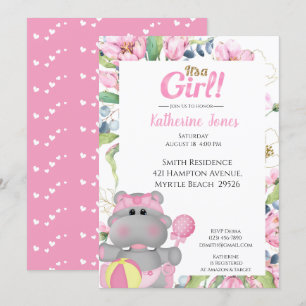Invitation Baby shower Hippo Floral Rose mignon