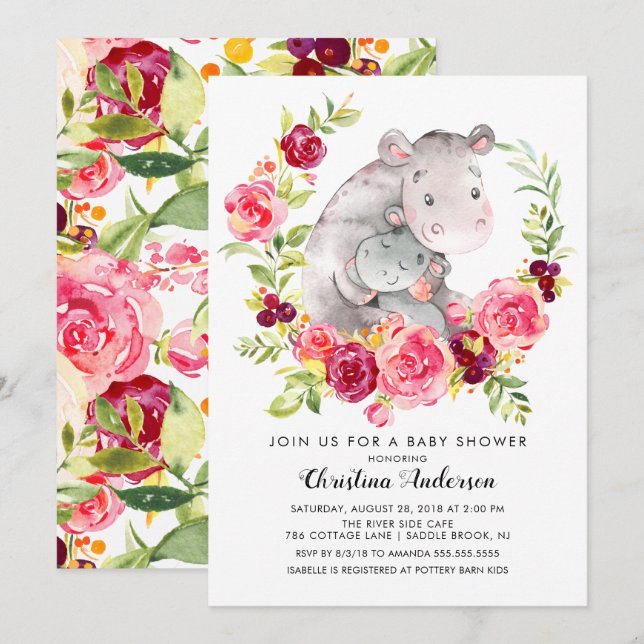 Invitation Baby shower Hippo Maman & Baby (Devant / Derrière)