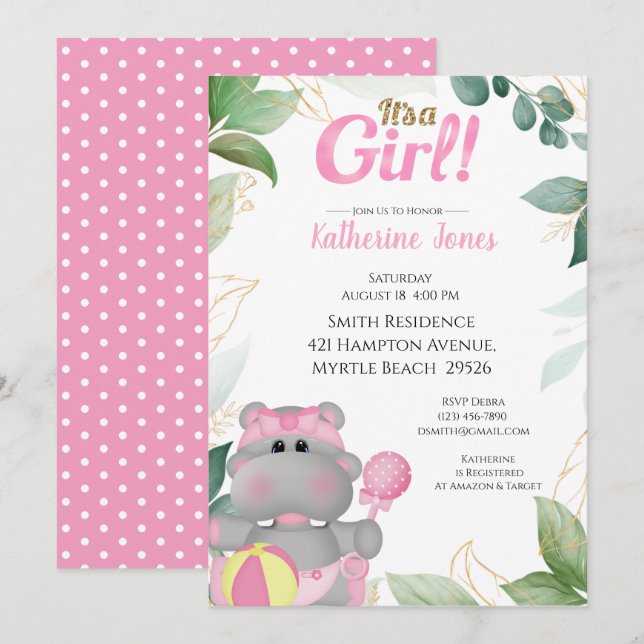 Invitation Baby shower Hippo Or Rose Cute (Devant / Derrière)