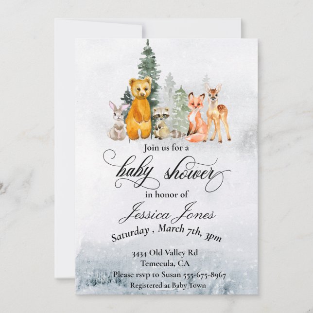 Invitation Baby shower Hiver Bois Animaux Vacances (Devant)