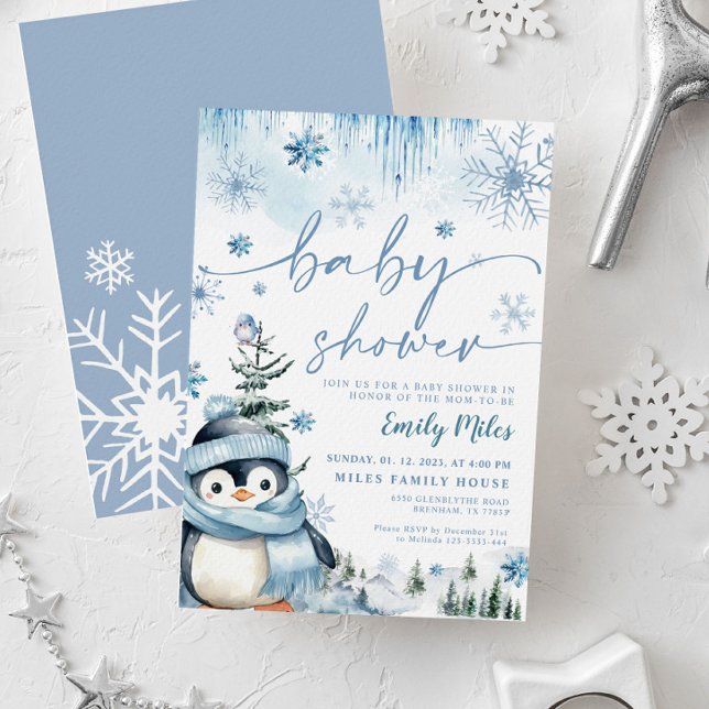 Invitation Baby shower Hiver Pingouin Bleu (Créateur téléchargé)