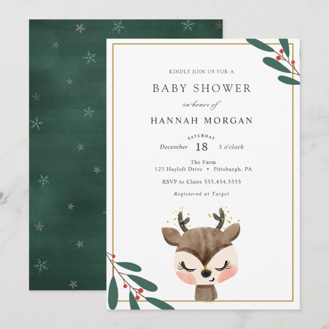 Invitation Baby shower hiver Reindeer (Devant / Derrière)