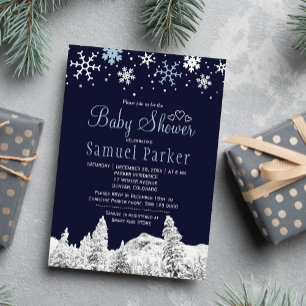 Invitation Baby shower hivernal merveilleux bleu marine blanc