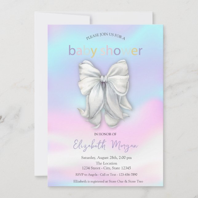 Invitation Baby shower Holographique Bow aquarelle (Devant)