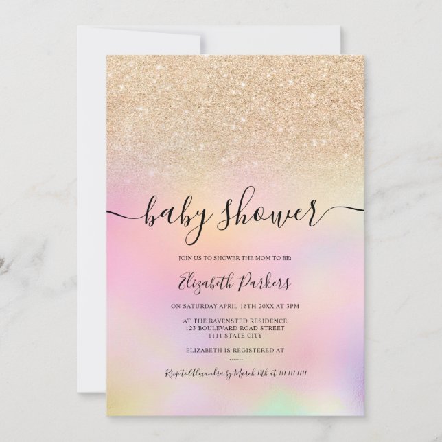 Invitation baby shower holographique de parties scintillant G (Devant)