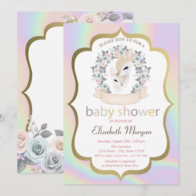 Invitation Baby shower holographique Rose du cadre de cerfs d (Devant / Derrière)