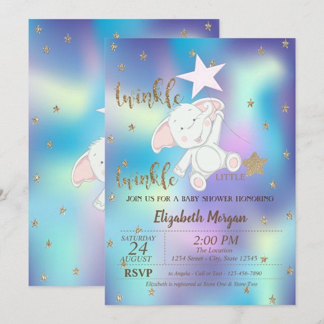 Invitation Baby shower holographique Twinkle Little Star Bear (Devant / Derrière)