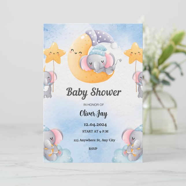 Invitation Baby shower illustrée en bleu clair (Debout devant)