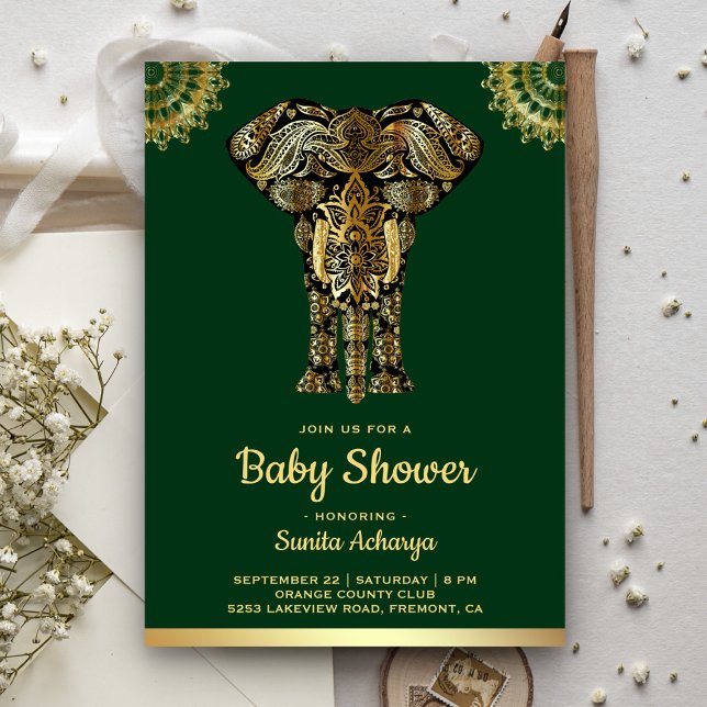 Invitation Baby shower indien Green Gold Elephant (Créateur téléchargé)