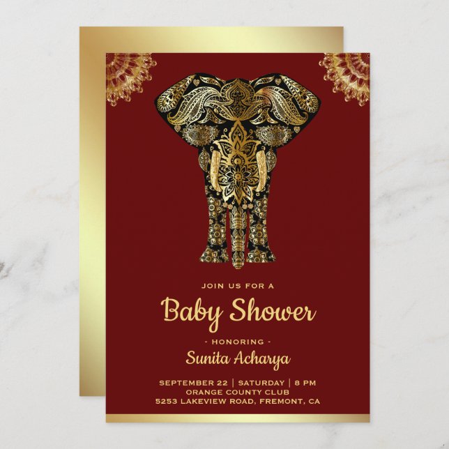 Invitation Baby shower indien Red Gold Elephant (Devant / Derrière)