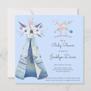 Invitation Baby shower indien Teepee Feathers Fleurs Bleu