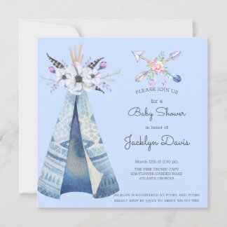 Invitation Baby shower indien Teepee Feathers Fleurs Bleu