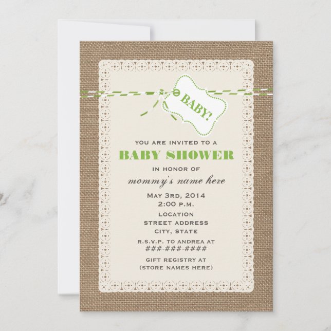 Invitation Baby shower inspiré Burlap Lace & Green Twine (Devant)