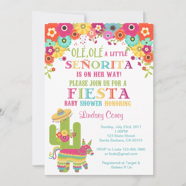 Invitation Baby shower Invitation~ Piñata de fiesta et fleurs (Devant)