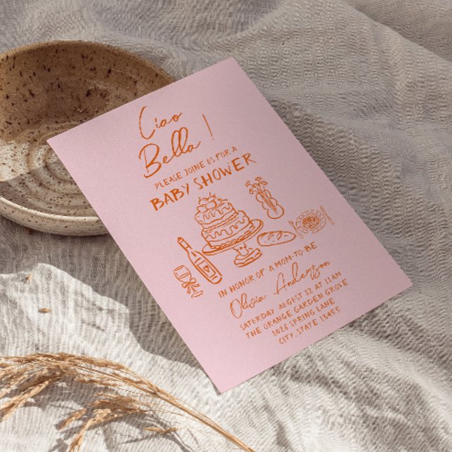 Invitation Baby shower italien retro orange rose main dessiné (Créateur téléchargé)