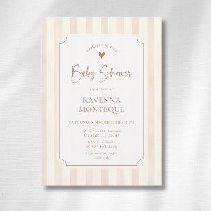Invitation Baby-Shower Ivory Marron Clair Rayures Cadre Doré