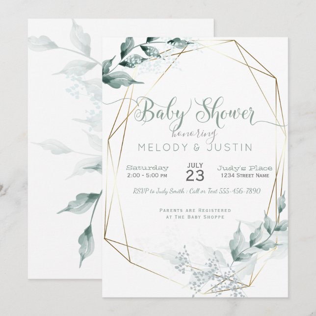 Invitation Baby shower Jade Green Watercolor Couple (Devant / Derrière)